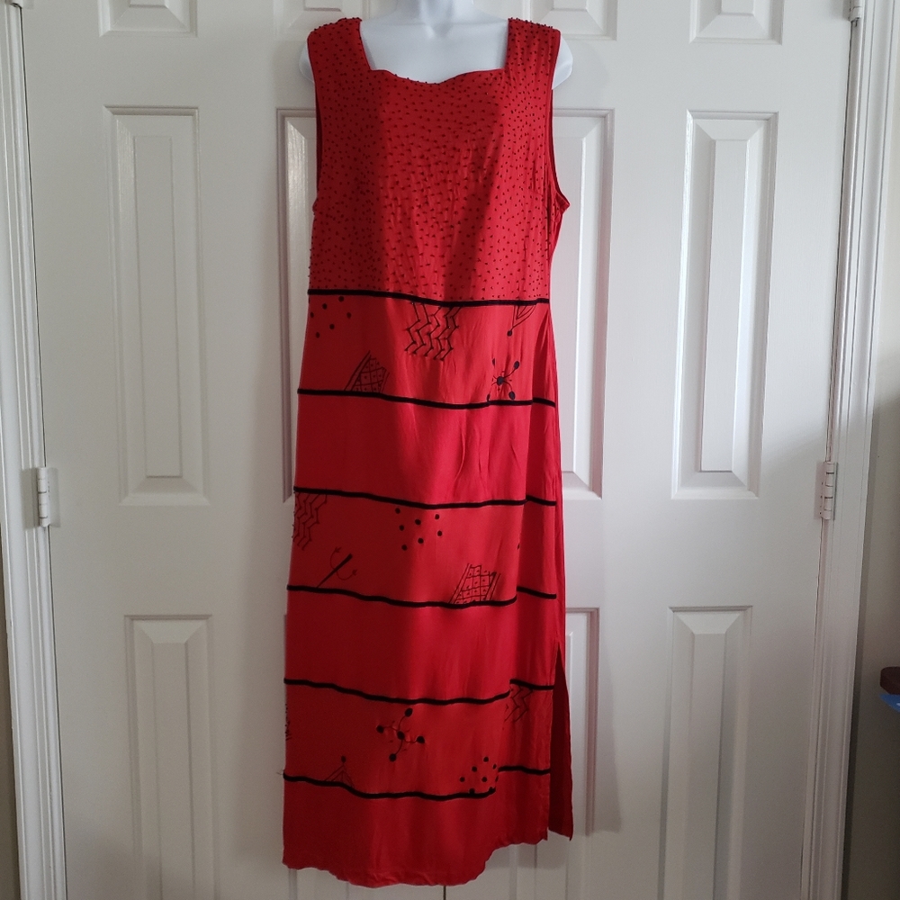 Molato Womens Vtg Midi Sun Dress 16 Beaded Square Neck Relaxed Stripe L Artsy